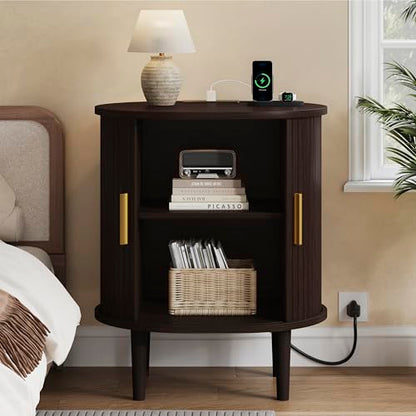 DHH Mid Century Modern Nightstand with Charging Station, Fluted Accent Side Table with Sliding Door & Adjustable Shelf, End Table for Small Space, Living Room, Bedroom,Sofa Couch(1, Dark Walnut) - color: Dark Walnut