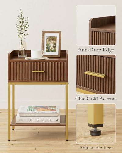 Nightstand, 3-Tier Bed Side Table, Small End Table, Night Stand with Open Shelf and Drawer, Bedside Table for Bedroom, Living Room, Walnut - color: Walnut, style: Without Charging Station