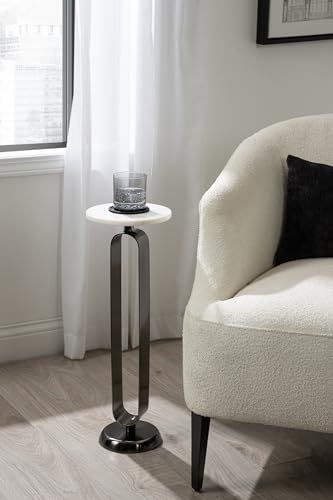 Kate and Laurel Helio Modern Round Drink Table; 8 x 8 x 24; White and Gray Gunmetal; Natural Marble Cocktail Table for Small Spaces and Use as Small Plant Stand or Nightstand