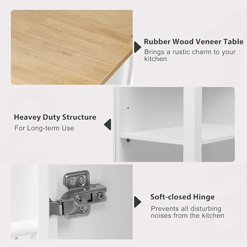 47 Extendable Countertop Coffee Station, Kitchen Storage Cabinets with Power Outlet, Kitchen Island Table with Rubber Wood Veneer for Kitchen use, White - color: White