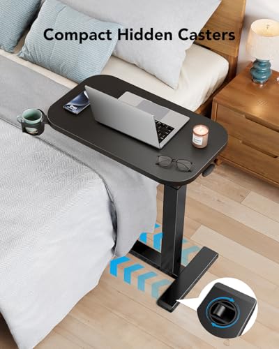 HUANUO 32Inch Bedside Table with Wheels, Height-Adjustable Rolling Computer Cart, Overbed Table with Cup Holder, Pneumatic Laptop Standing Desk for Home Office, Black - color: Black, size: Large-32 Inch