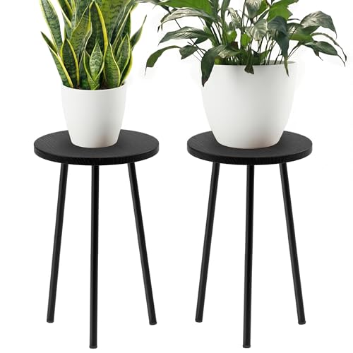 Plant Stand Indoor 2 Pack: Corner 20'' Indoor Plant Stand - Plant Table | Mid Century Modern Decor - Small Round Plant Table for Patio Living Room Bathroom Office (Black) - color: Black, size: 20"&20"
