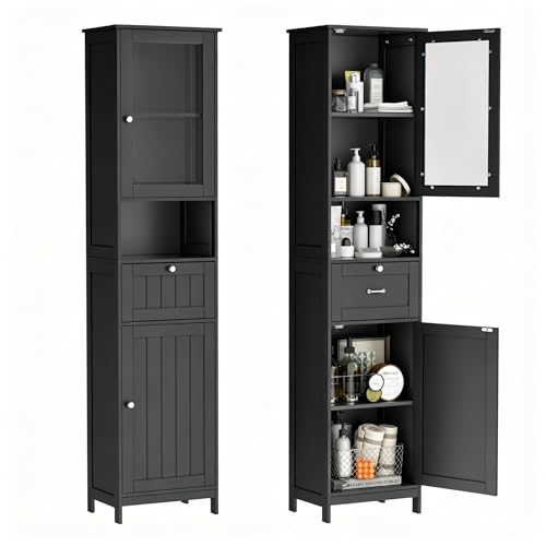 Greenvelly 67" Tall Bathroom Storage Cabinet, Narrow Freestanding Storage Unit with Magnetic Door, Drawer & Adjustable Shelves, Anti-Tip Floor Cabinet for Bathroom, Living Room, Black