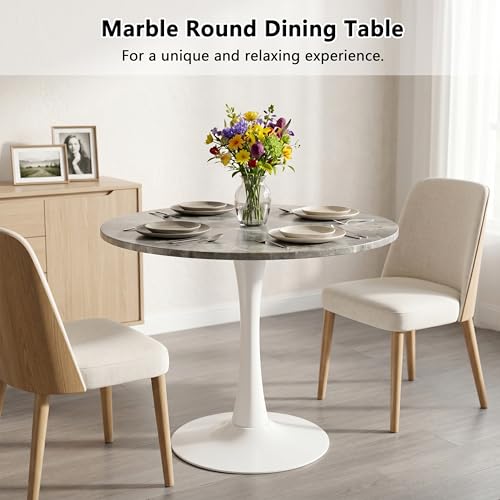 27.6" Marble Round Tulip Table, Mid-Century Modern Style Dining Table with White Pedestal Base for 2-4 People, Featuring A Marble Tabletop for Kitchen, Dining Room, Cafe (Dark Grey) - color: Dark Grey#white