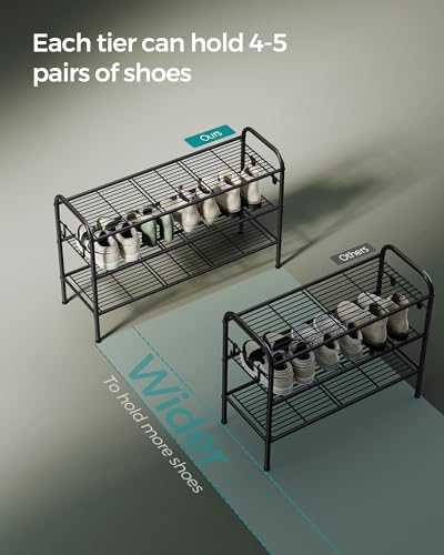 SONGMICS Shoe Rack, 3-Tier Shoe Organizer, Metal Shoe Shelf Storage with 4 Side Hooks, Holds 16 Pairs of Shoes, Height-Adjustable Shoe Rack for Entryway, Hallway, Closet, Ink Black ULMR138B01 - size: 3 Tiers (33.5"W)