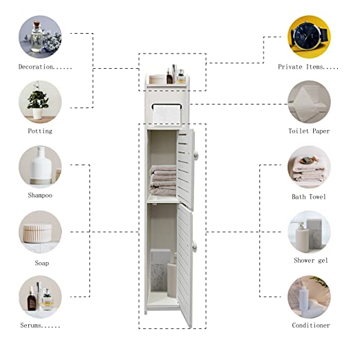 Small Bathroom Storage Cabinet, Slim Toilet Paper Organizer with 2 Doors & Shelves, Over Toilet Storage Cabinet for Skinny Bathroom Space Corner - White