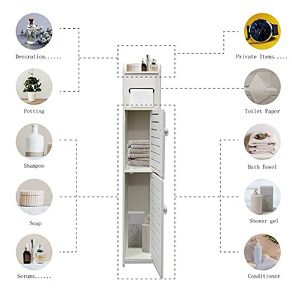Small Bathroom Storage Cabinet, Slim Toilet Paper Organizer with 2 Doors & Shelves, Over Toilet Storage Cabinet for Skinny Bathroom Space Corner - White