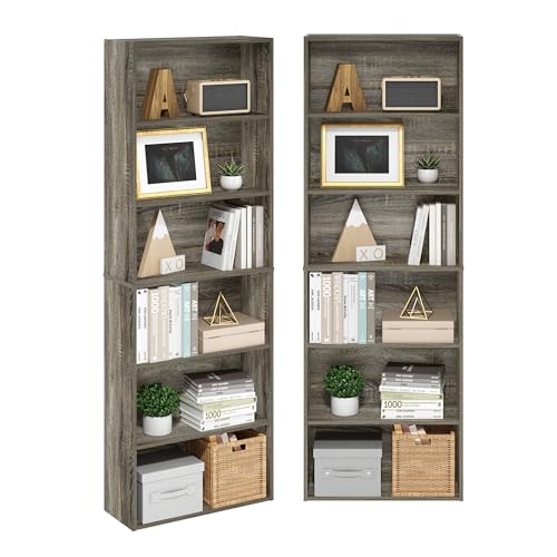 Furinno Jaya Book Shelf Set of 2, 6-Tier Bookshelf, Bookcase, 9.5 x 24.6 x 71, for Home Office, Living Room, French Oak - color: French Oak, size: Set of 2, 6-Tier