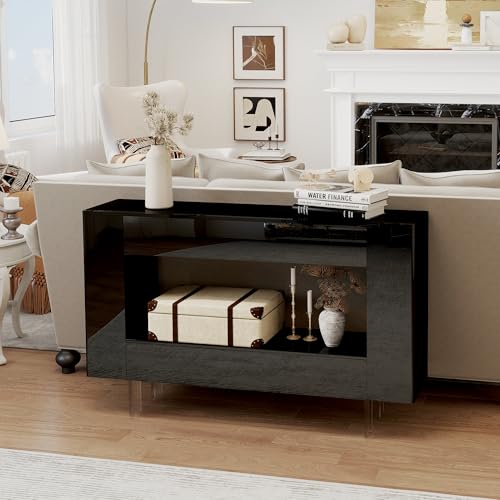 47" High Gloss Console Table with Hidden Side Storage Cabinets, Modern Black Entryway Sofa Table for Behind The Couch, Living Room - color: High Gloss-black