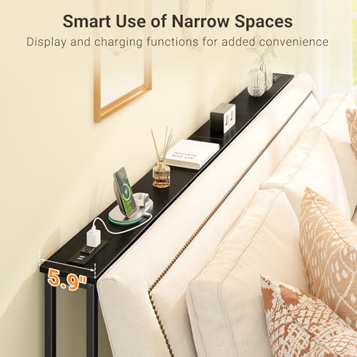 ELYKEN 78.8'' Narrow Console Table with Outlet, Sofa Table Behind Couch | Skinny Entryway Tables with Charging Station for Living Room, Hallway, 5.9 x 78.8 x 29.5in, Black - color: Black, size: 5.9"DX78.8"WX29.5"H