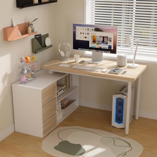 Bobve L Shaped Computer Desk, 47 Inch Home Office Desk with File Drawers & Storage Shelves, Small Corner Computer Desk for Small Space (White + Walnut) - color: White + Walnut