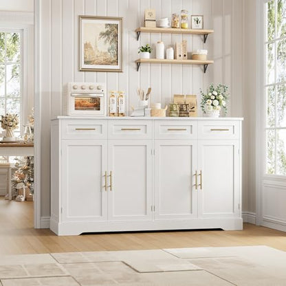 HOSTACK 60" W Sideboard Buffet Cabinet with Storage, Kitchen Cabinet, White | 36" Tall Kitchen Buffet Storage Cabinet with 4 Drawers, Large Coffee Bar Cabinet, Modern Buffet Table for Dining Living Room - color: White