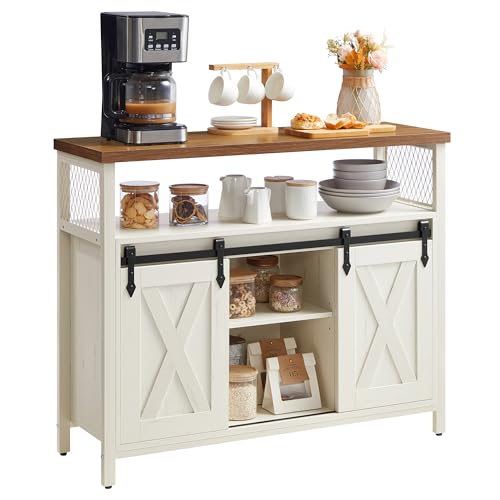 VASAGLE Buffet Cabinet, Coffee Bar Storage Cabinet, Sideboard with 2 Sliding Barn Doors, Adjustable Shelves, 13 x 39.4 x 31.5 Inches, for Living Room, Rustic White and Honey Brown ULSC092W01 - color: Rustic White + Honey Brown, size: 13"D x 39.4"W x 31.5"