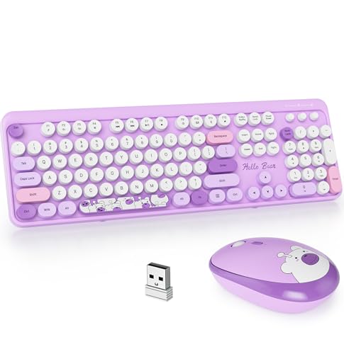 GTSP Typewriter Purple Keyboard and Mouse Wireless, Cute Keyboard 2.4G Office Full-Size Retro with Round Keycaps for Laptop PC Desktops（Purple） - color: Bear-purple