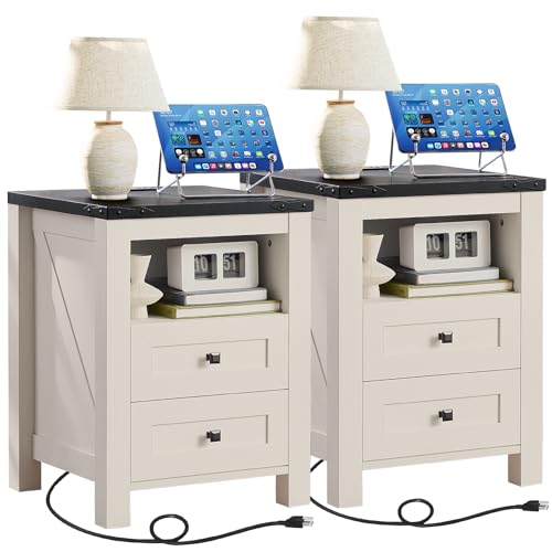 Joaxswe Night Stands with Charging Station Set of 2, Farmhouse Nightstand, White Wooden Bedside End Tables with 2 Drawers and Open Shelf, Bed Side Table for Bedroom, Living Room, Closet, Office - color: White, size: 2 pack