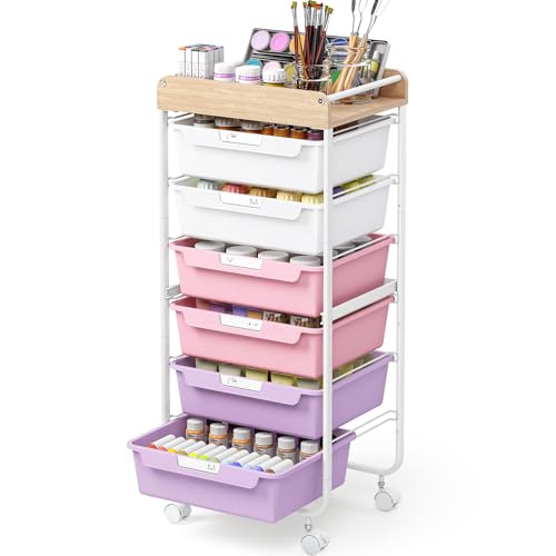 SYKIARIOL Rolling Cart with 6 Drawers,Utility Storage Cart with Drawers,Art Craft Organizers and Storage,Makeup Organizer with Wooden Tabletop,Purple - color: Dreamy Color, size: 6-Drawers