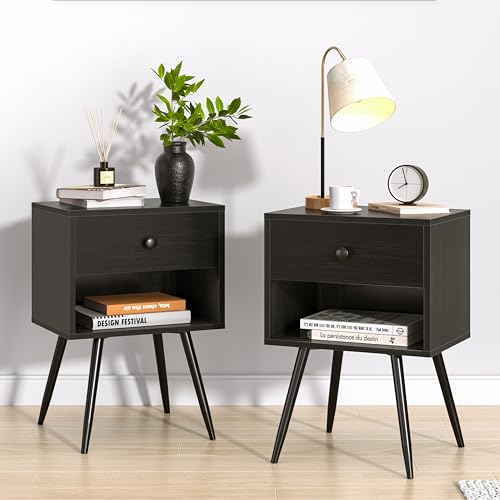 VECELO Nightstands Set of 2, Mid Century Modern End Bedside Table, Night Stand with Storage Drawer and 2 Tiers Open Shelf for Small Place, Bedroom, Living Room, Easy Assembly, Black - color: Black