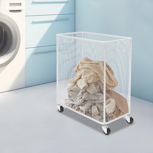 Laundry Hamper with Wheels, Rolling Laundry Basket Cart, Rectangular Metal Mesh Clothes Hamper with Metal Pull Handle for Laundry Room and Bedroom, White, 16.9" x 9" x 17.7" - color: White, size: 26.77 x 21.5 x 26in