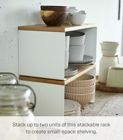 YAMAZAKI Home Tosca Wood-Top Stackable Kitchen Rack - Modern Counter Shelf Organizer - Small - Steel + Wood - Stack Up to Two - size: Small