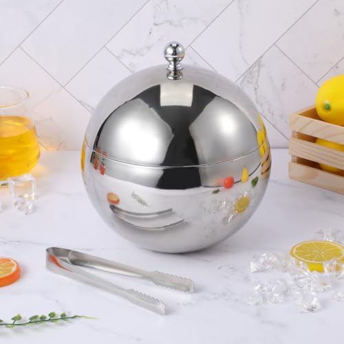 NUOBESTY Double Walled Ice Bucket with Lid and Tongs Stainless Steel Insulated Beverage Bucket for Wine Beer Juice Bar Parties Home Entertaining Spherical Shape 7.67 X 6.57 X 6.57 in