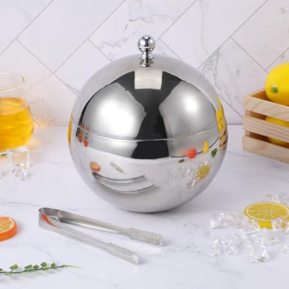 NUOBESTY Double Walled Ice Bucket with Lid and Tongs Stainless Steel Insulated Beverage Bucket for Wine Beer Juice Bar Parties Home Entertaining Spherical Shape 7.67 X 6.57 X 6.57 in