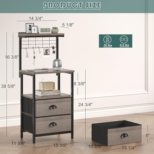 sthmec Tall Nightstands with Charging Station, LED Night Stand Bedsides with 2 Drawers Fabric, Hooks,USB Port and Open Storage Shelves,Tall End Table Bedside for Bedroom,Office, Grey - color: Grey, style: 2 Drawers
