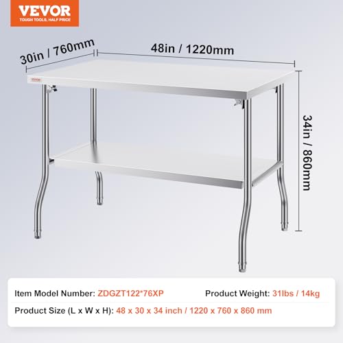 VEVOR Stainless Steel Foldable Work Table, 30 * 48 Inch Heavy Duty Food Outdoor Double Layer Stainless Steel Worktable for Commercial Kitchen Restaurant - size: Double layer 30"*48", style: Foldable
