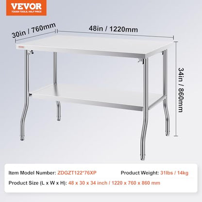 VEVOR Stainless Steel Foldable Work Table, 30 * 48 Inch Heavy Duty Food Outdoor Double Layer Stainless Steel Worktable for Commercial Kitchen Restaurant - size: Double layer 30"*48", style: Foldable