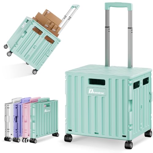 Folding Utility Cart with Lid, Portable Rolling Crate Handcart Collapsible Shopping Trolley, Durable Plastic Foldable Tool Basket with 4 Rotate Wheels for Grocery, Office, Luggage, School - Cyan - color: Cyan
