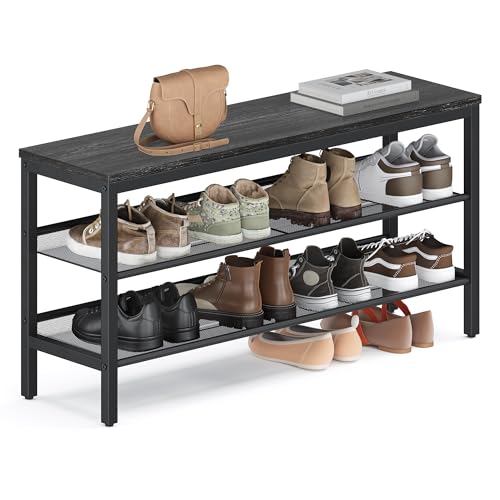 VASAGLE 3 Tier Shoe Rack Bench, One Piece Shelves, Industrial Style | Shoe Storage Organizer with Raised Edges, Easy Assembly, 11 x 39.4 x 19.7 Inches, Charcoal Gray and Matte Black ULSB075BA01S - color: Charcoal Gray + Matte Black, size: 39.4"W