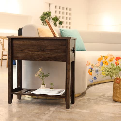 Chairside Narrow End Table, Solid Recliner Side Table with Drawer, Slim Nightstand Bedside Table for Living Room Bedroom