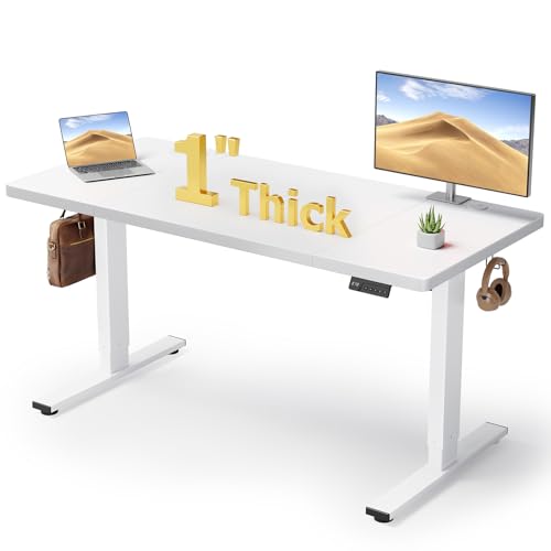 Electric Standing Desk Adjustable - 60x28 Inch Sit Stand Desk with 1 Inch Thick Tabletop, Double Beam Frame, 3 Memory Height Adjustment, Cable Management for Home Office - color: White Top / White Frame, size: 60 x 28 Inch
