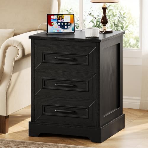 Farmhouse Nightstand with Charging Station, Wood Night Stand with 3 Drawers, Bedside Table, Nightstands with Storage, Rustic Night Stands for Bedroom, Closet, 18" Wide, 24" Tall - color: Black, size: 18"D x 18"W x 24.4"H (3 Drawers)