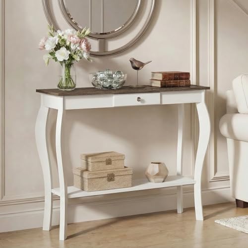 ChooChoo Narrow Farmhouse Console Table with Drawer, Chic Accent Sofa Entryway Table with Shelves for Entryway, Living Room, Hallway, Soft White - color: Soft White, size: 11.8"D x 39.3"W x 31.4"H