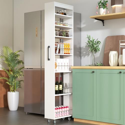 7-Shelf Tall Narrow Storage Cabinet with Wheels, 71 Inch, White | Slim Pull-Out Organizer, 7.87 Inch Wide for Small Spaces Between Washer/Dryer, Kitchen, Bathroom and Laundry Room - color: E-white