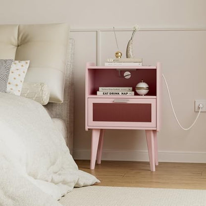 MMEOLUOOK Nightstand with Charging Station, Bedside Tables Pink End Table Side Table with 2 Tiers Storage Space, for Bedroom Living Room MLBZ07PE - color: Pink