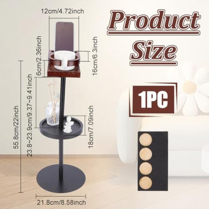 UNICRAFTALE Slim Side Table with Brown Round Top Black Multi Tier Drink Table for Small Spaces Accent Tables for Living Room Sofa Bedside 8.58x5.04x21.97 Inch