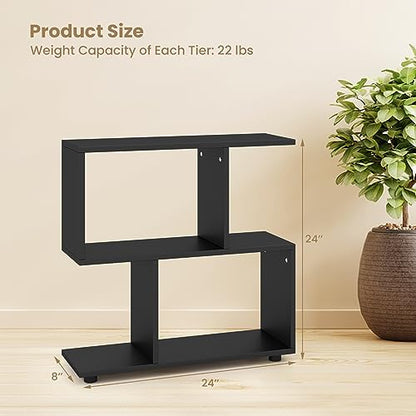 Tangkula 2 Tier Geometric Bookshelf, Freestanding Wood Display Shelf, Home Office Room Divider S Shaped Open Bookcase, Small Bookshelf for Small Spaces, Living Room, Study (Black, 1) - color: Black, size: 1