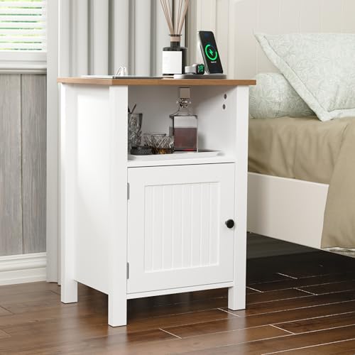Furnify Farmhouse Nightstand Set of 2, Night Stand with Charging Station and USB Port, Modern Nightstand with Storage Shelf, Rustic Side Table with Open Space, Side Table for Bedroom, White - color: White