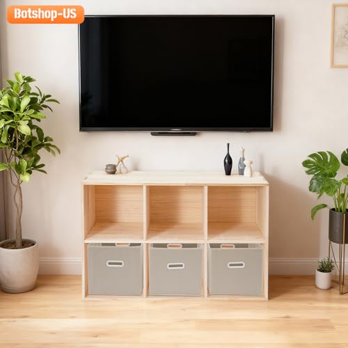 Gdrasuya10 6 Cube Bookshelf with 3 Storage Baskets, Modern Wood Horizontal Bookcase, Natural Large Book Case, Freestanding Book Organizer Display Shelf for Bedroom, Living Room, Office - size: 6 Cubes with 3 baskets