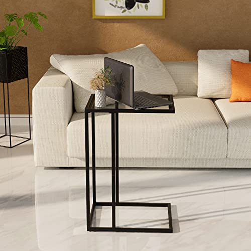 C Table Glass End Table, Couch Side Table, Tempered Glass Snack Side Table with Metal Frame, TV Tray Table for Small Space, Sofa Couch Side Tableand Bed Side Table(Black) - color: Black
