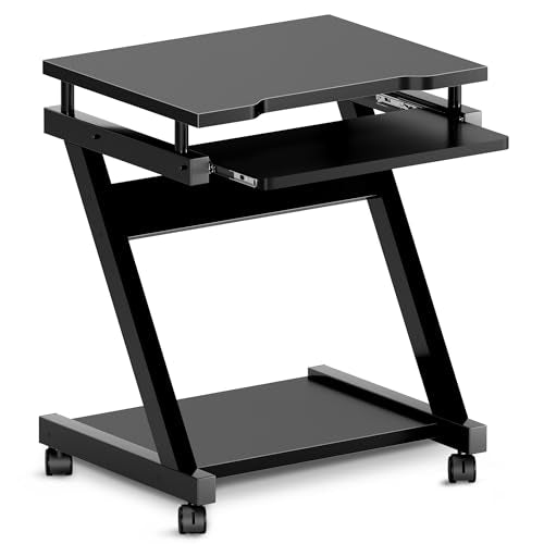 sogesfurniture Mobile Computer Desk, Small Rolling Work Workstation for Home and Office with Printer Shelf, Keyboard Drawers,23.6 x 18.9 x 28.7 Inches,BHUS-DX-8110-BB(Black) - color: Black