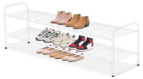 AOODA Long 2 Tier Shoe Rack for Closet Metal Wide Stackable Shoe Storage Organizer for Entryway, Bedroom, Floor, 18-Pairs Low Sneaker Shelf, White - color: White, size: 11.4 x 42.7 x 18.7