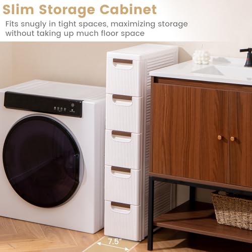 LOKO 5-Drawer Narrow Storage Cabinet, Slim Rolling Cart (7.5"x16.5"x36") | Mobile Plastic Cart Container | Pull Handles & Built-in Wheels | For Living Room, Kitchen, Bathroom, Office - size: 7.5"x16.5"x36" (5 Drawer)