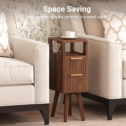 Narrow Nightstand Set of 2 with Charging Station, Small Side Table, Walnut | 7.9" Wide Fluted Design, 2 Drawers, Solid Wood Feet, Open Shelf, USB & AC Charging, Slim End Table for Small Spaces, Bedroom - color: Walnut-2 Pcs