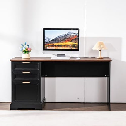 60" Farmhouse Executive Desk with Charging Station,Home Office Desk with 2 Drawers &1 File Cabinet,Wood Work Desk for Office and Home - color: Walnut & Black