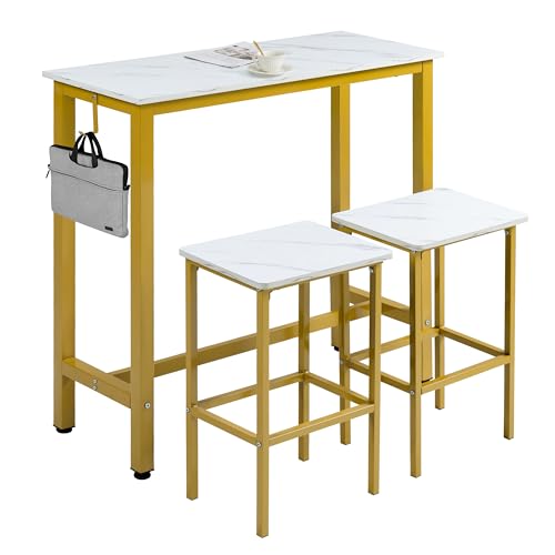 Finnhomy Bar Table Set, 39.3" Pub Table High Top Table, Rectangular Bar Height Table, Bar Table with Stools, Kitchen Table Set for 2, Industrial Breakfast for Kitchen, Living Room, Gold - color: Gold, size: 39.3" Bar Table