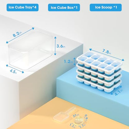 DOQAUS Ice Cube Tray with Lid and Bin - 4 Pack Silicone Ice Cube Trays for Freezer, Stackable Ice Bucket Kits with Storage Container & Scoop for Kitchen, RV, Cocktail, Coffee - color: Blue