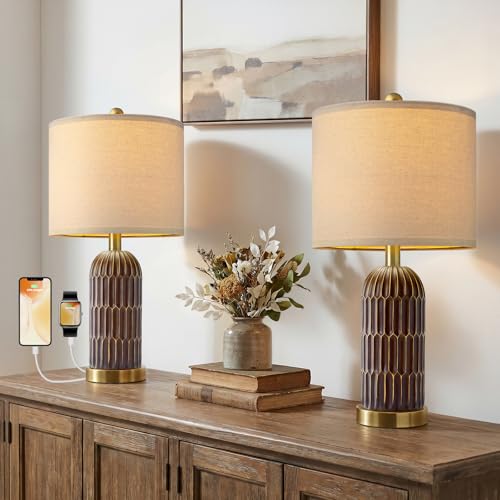 OYEARS 22.5" Bedside Table Lamps Set of 2, Farmhouse Table Lamp with USB A+C Charging Ports, Vintage Nightstand Lamp for Bedrooms and Living Rooms, Mid Century Modern End Table Lamp, Brown and Gold - color: Brown and Gold