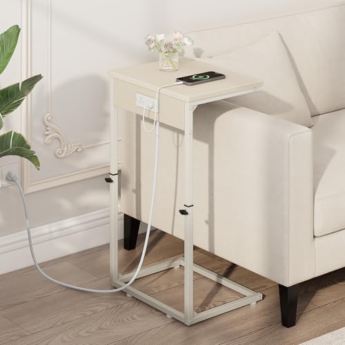Vagusicc C Shaped End Table with Charging Station, Adjustable Height Side Table for Couch, Small Side Table, 33.2'' Tall Couch Tables that Slide Under, Tv Tray End Table for Living Room, Beige - color: Beige (1 Pack), style: With Plug